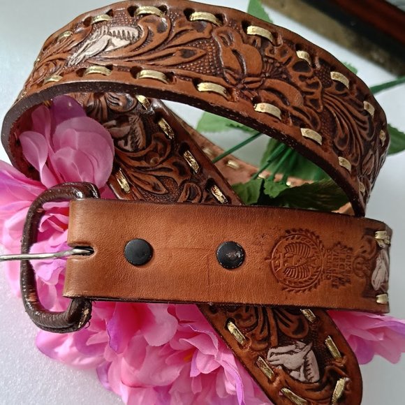 ❤️HP❤️🐎Vintage Brown Leather Belt Cintos Imperial Belt Mexican Horses Design - Picture 4 of 11